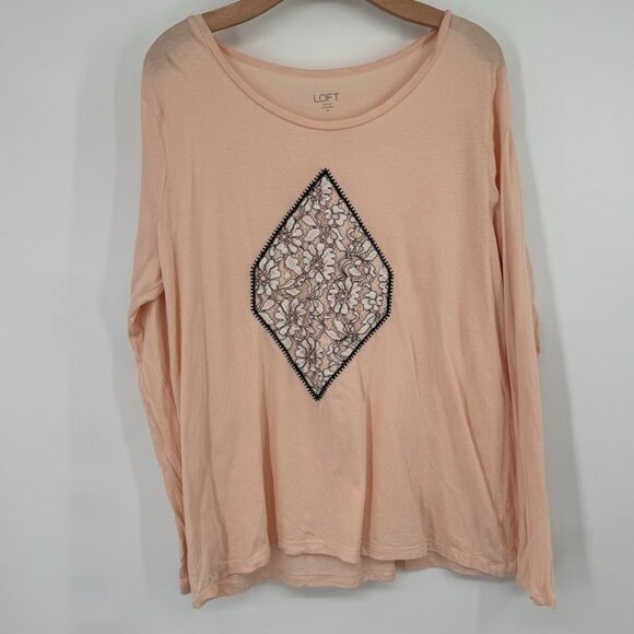 LOFT Outlet XL Peach Long Sleeve Top With Black Lace Diamond Design - Picture 4 of 8